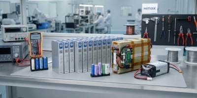 High-grade lithium battery cells and custom battery packs on workbench