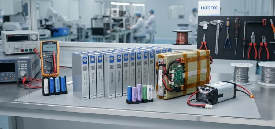 High-grade lithium battery cells and custom battery packs on workbench