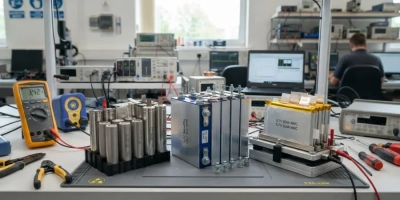 Professional lithium-ion battery pack assembly showcasing steel-case, aluminum-case, and pouch cells on an engineering workbench.
