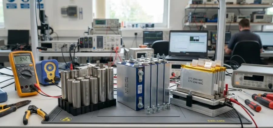 Professional lithium-ion battery pack assembly showcasing steel-case, aluminum-case, and pouch cells on an engineering workbench.