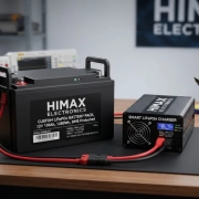Professional product photography of a high-tech custom lithium battery pack and smart charger on a clean workbench.