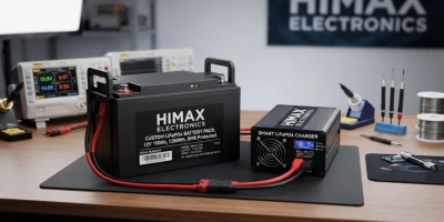 Professional product photography of a high-tech custom lithium battery pack and smart charger on a clean workbench.