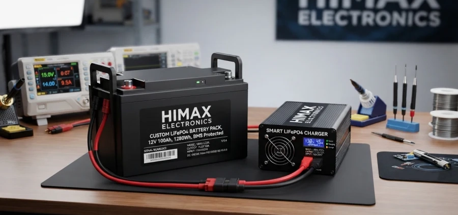 Professional product photography of a high-tech custom lithium battery pack and smart charger on a clean workbench.