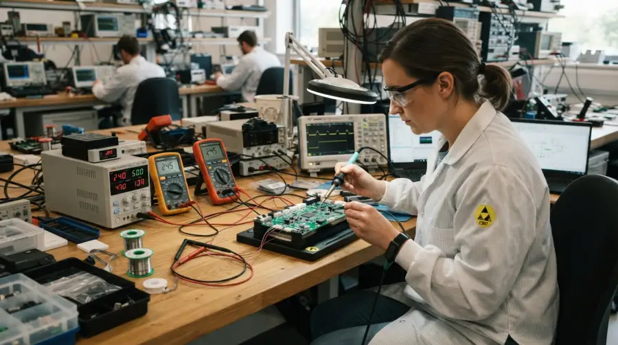 Electronics engineer soldering and testing a custom battery management system BMS circuit board in a laboratory
