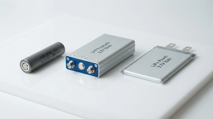 Comparison of cylindrical steel-case, prismatic aluminum-case, and pouch lithium-ion battery cells.