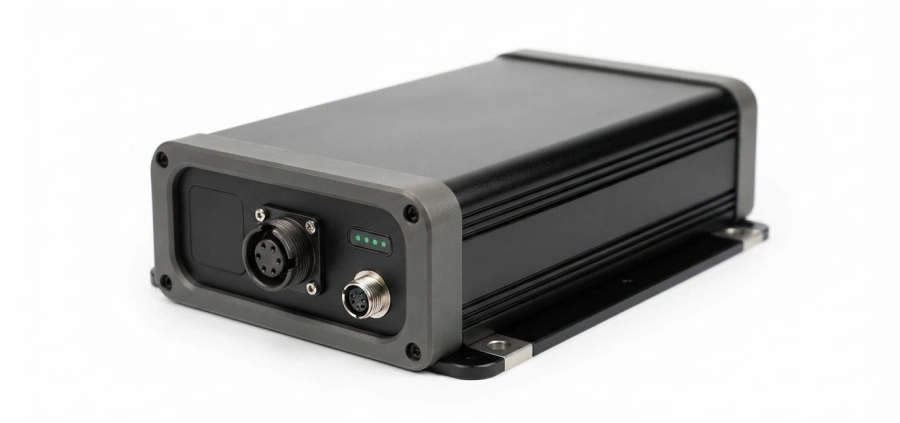 Sleek custom lithium-ion battery pack on a clean white background, high-end industrial power solution