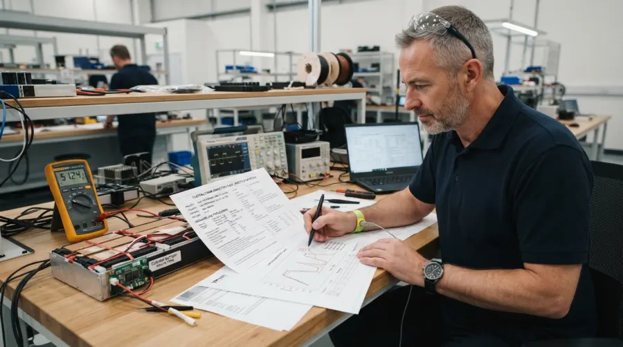 Engineer reviewing custom lithium-ion battery technical specifications and load profile charts on a modern workbench