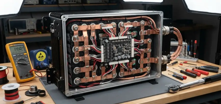 Custom high-rate lithium battery pack with copper busbars and BMS