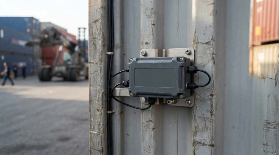 A compact GPS tracker device securely mounted on a logistics shipping asset in a warehouse setting.