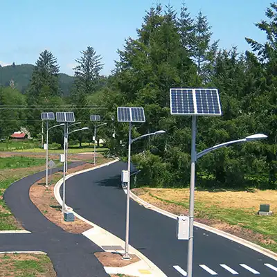 Solar street lights along a park path, powered by HiMax LiFePO4 batteries