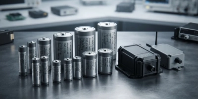 Professional commercial product photography of industrial primary lithium batteries and GPS tracking devices arranged on a dark surface.