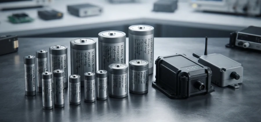 Professional commercial product photography of industrial primary lithium batteries and GPS tracking devices arranged on a dark surface.