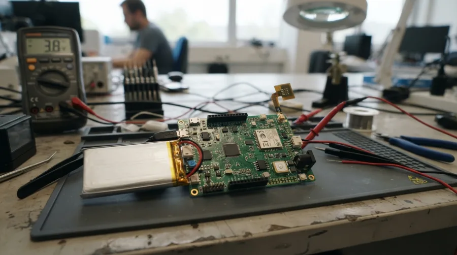 An advanced IoT circuit board with cellular module and lithium battery on an engineering workbench.