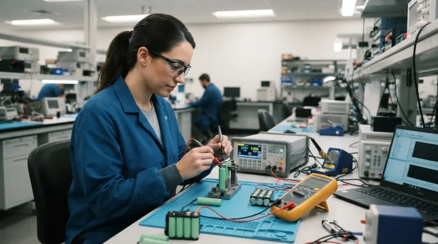 Engineer testing lithium-ion battery cells in a laboratory