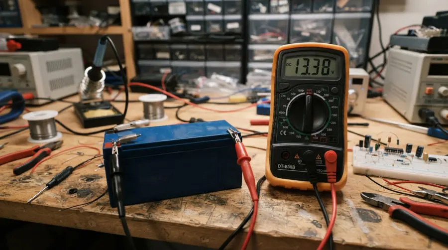 Close-up of a digital multimeter measuring voltage on a LiFePO4 battery pack on a workbench.