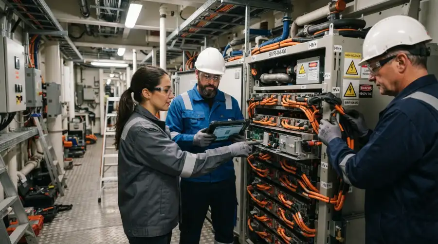 Shipyard engineers inspecting high-voltage battery compartment layout on a vessel