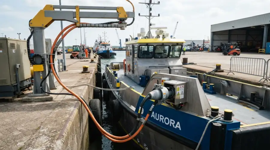 High-power shore charging station connected to an electric vessel