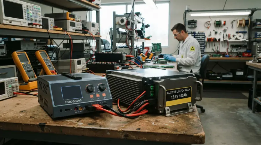 A modern smart battery charger connected to a custom lithium battery pack in an industrial setting.
