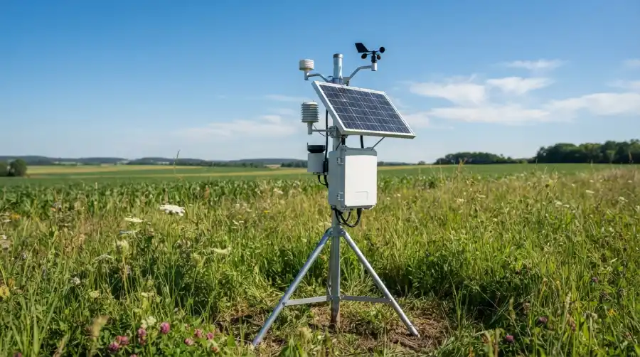 A solar-powered IoT environmental monitoring sensor deployed outdoors in an open field under clear daylight.